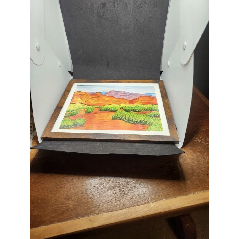 Hand Crafted Dessert Mountain Landscape Colored Pencil Drawing Framed 9x11" - Picture 11 of 16